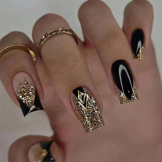 Ceboic 24Pcs Press on Nails Medium Length Square French False Nails Black Gold Glitter Elegant Fake Nails with Glue Stickers Full Cover Acrylic Stick on Nails for Women and Girls Nail Art