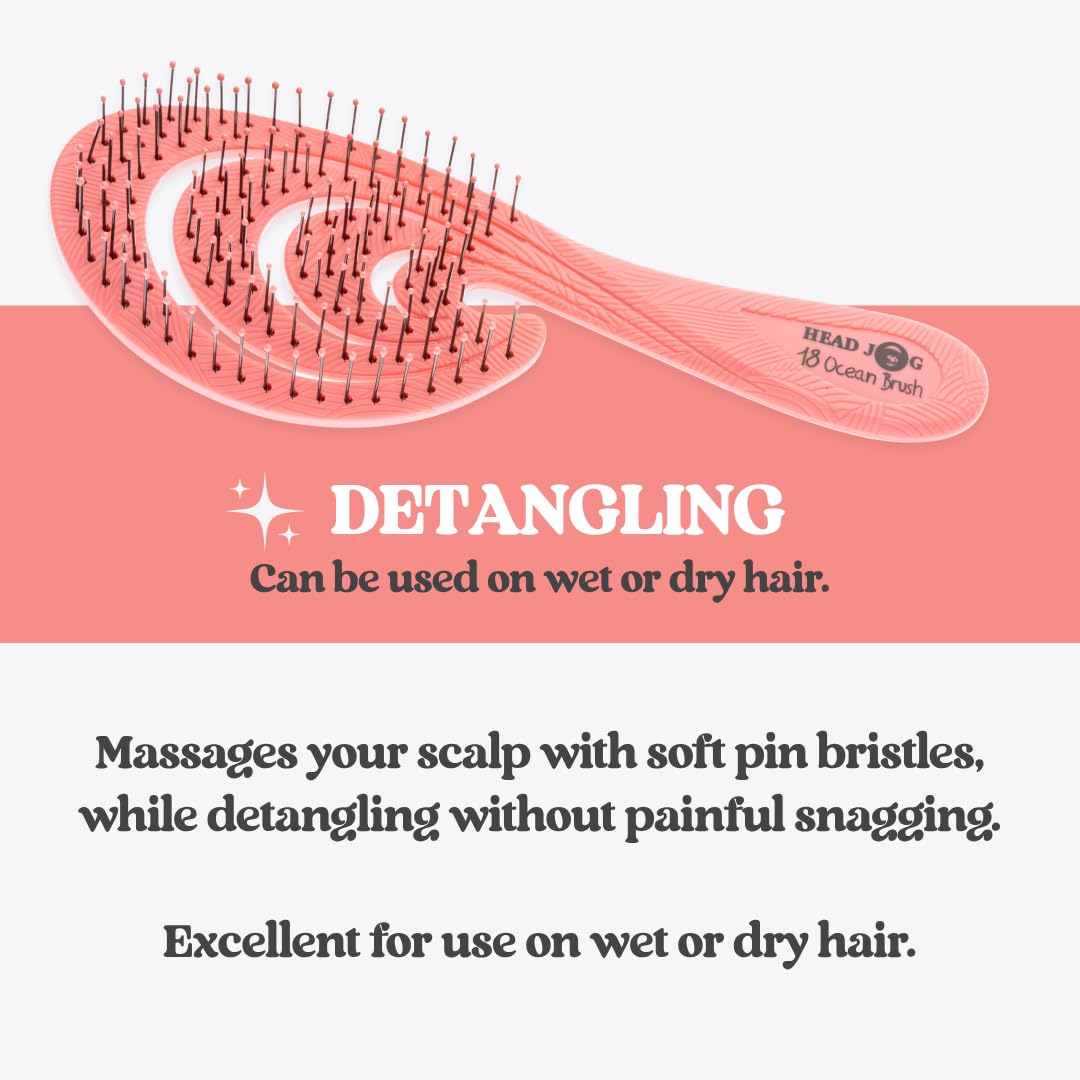 Head Jog 18 Ocean Hair Brush. Eco Friendly Vent Paddle Brushes With Flexible Soft Bristles, Detangling Wet Or Dry Hair. Gentle Brushing & Detangling Brush For Curly & Wavy Hair (Coral)