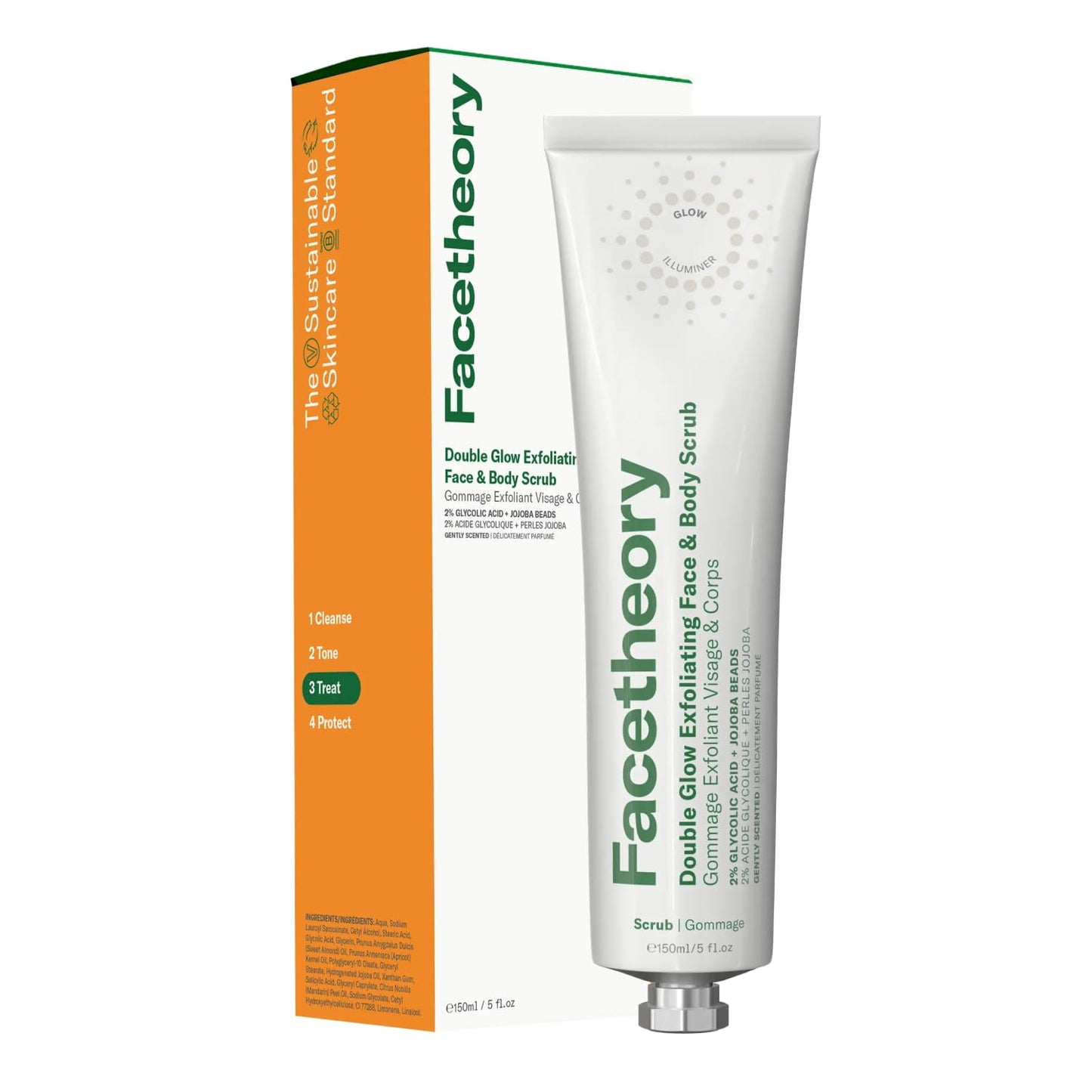 Double Glow Exfoliating Face & Body Scrub with 2% glycolic acid and jojoba beads