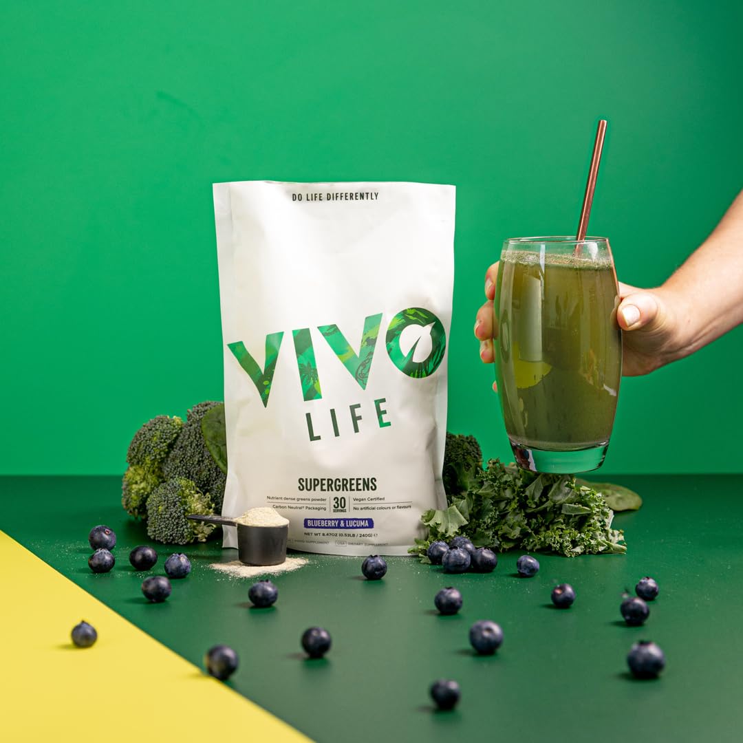 Vivo life - Supergreens, Vegan Superfood with Vitamins, Minerals, Live Cultures, Fruits & Greens, 30 Servings - 240g (Blueberry & Lucuma)