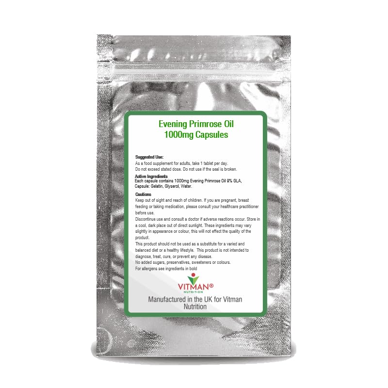 VitMan Nutrition Evening Primrose Oil 1000mg - 120 Softgels - Rich in Omega 6 GLA - Menopause - Anti Ageing - PMS Capsules… 4 Months Supply (120)