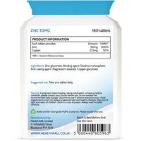 Health4All Zinc 50mg per Tablet, 180 Tablets 6 Months Supply, Zinc with Copper, High Strength Zinc Supplements for Immune Support, Skin, Hair & Nail- Immunity Supplements for Men & Women