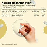 WeightWorld Vitamin C and Zinc Supplements - 6 Months Supply - 180 Tablets - 1 per Day - 1000mg L-Ascorbic Acid & 10mg Zinc Bisglycinate - Vegan-Friendly & Non-GMO - Vitamin C Tablets for Men & Women