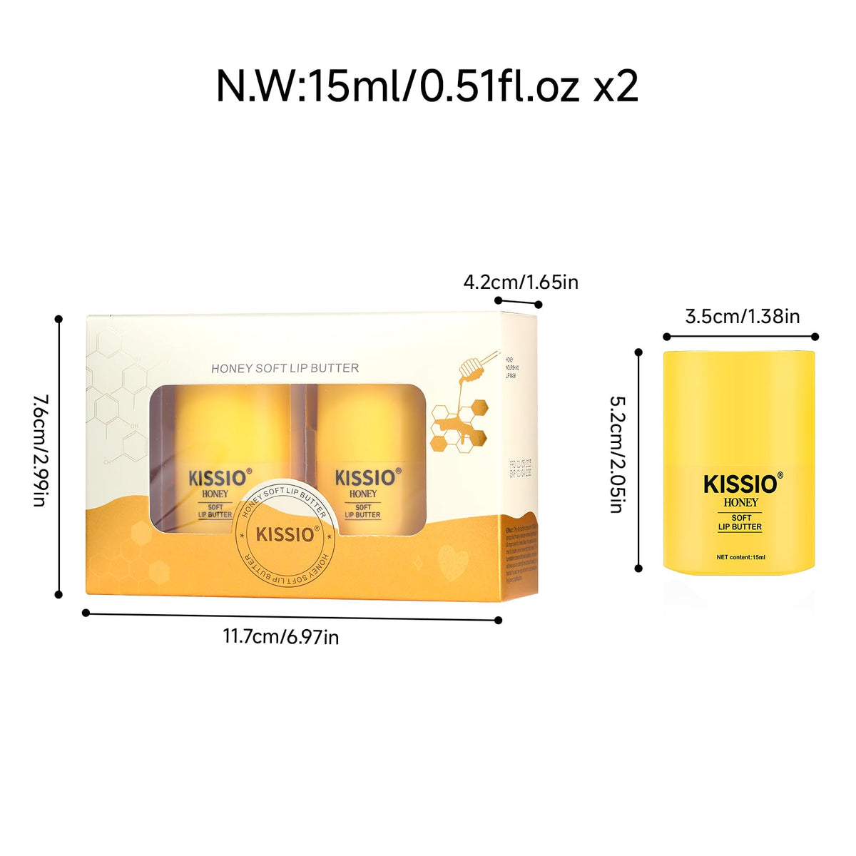 KISSIO Honey Lip Butter Set,Lip Balm with 1000 ppm Propolis Extract,Ceramide AP and Phytosphingosine,Long-lasting Moisture and Nourishe Lips,Lip Lines Care