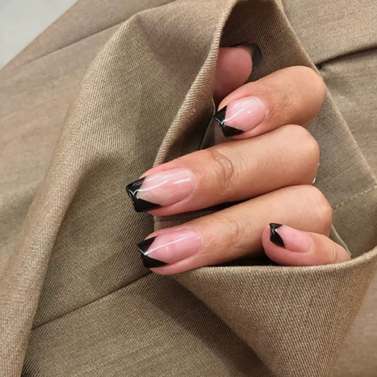 Minsezhi 24Pcs Glossy Black Press on Nails V-Shaped French False Nails Full Cover Clear Nails Square False Nails for Women and Girls