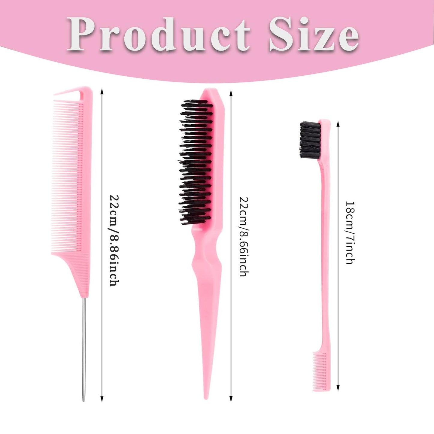 Pubiao Hair Brush Set 3 Piece, Boar Bristle Brush for Smoothing Frizz-Free, Edge Control Brush for Flyaways, Rat Tail Comb for Sectioning Teasing – Salon Styling Kit