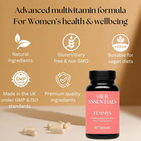 Women’s Multivitamins & Minerals with Hyaluronic Acid & Biotin | 26 Essential Vitamins, Minerals & Botanicals | Optimal doses | Vegan & Gluten Free | No Synthetic fillers | 60 Caps | Her Essentials
