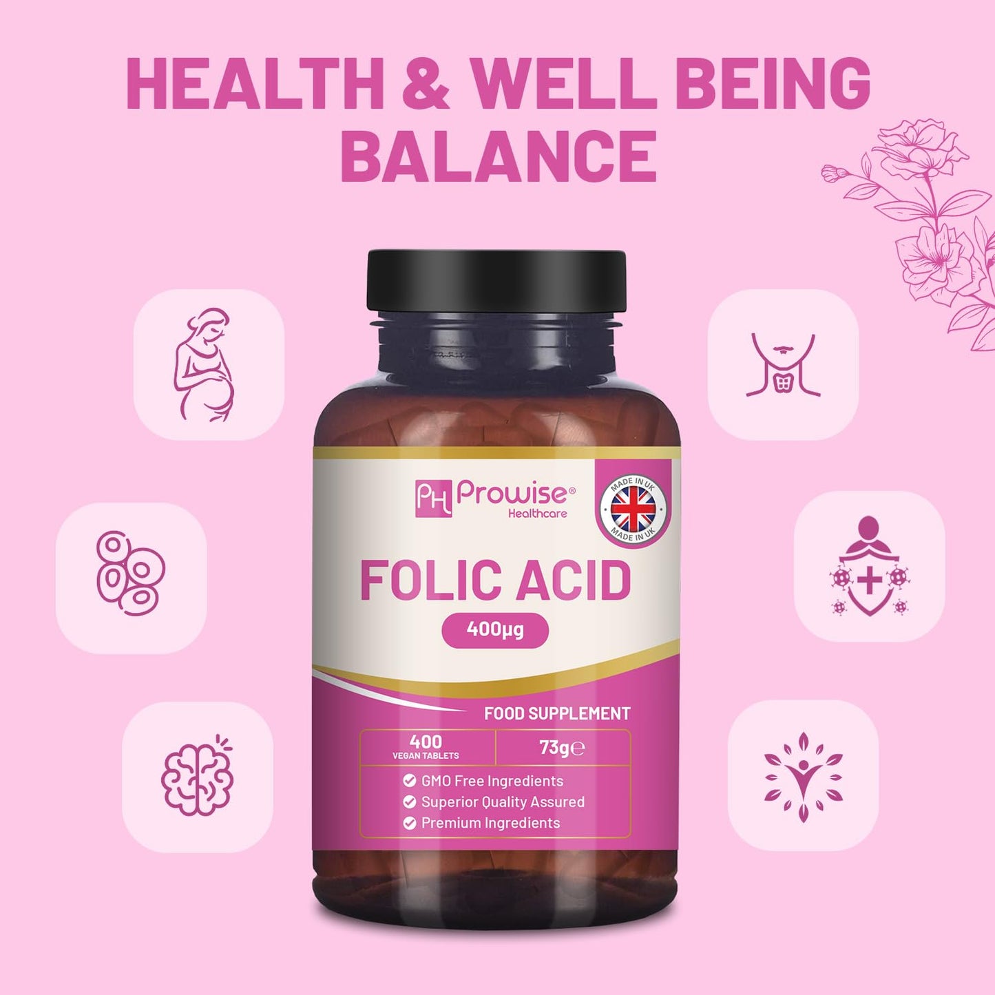 PH PROWISE Healthcare Folic Acid Tablets 400 mcg - 400 Vegan Vitamin B9 Tablets | 13 Month Supply | Vitamin B9 Pregnancy Care | Normal Function of Immune System & Maternal Tissue Growth During Pregnancy | UK Made – Prowise