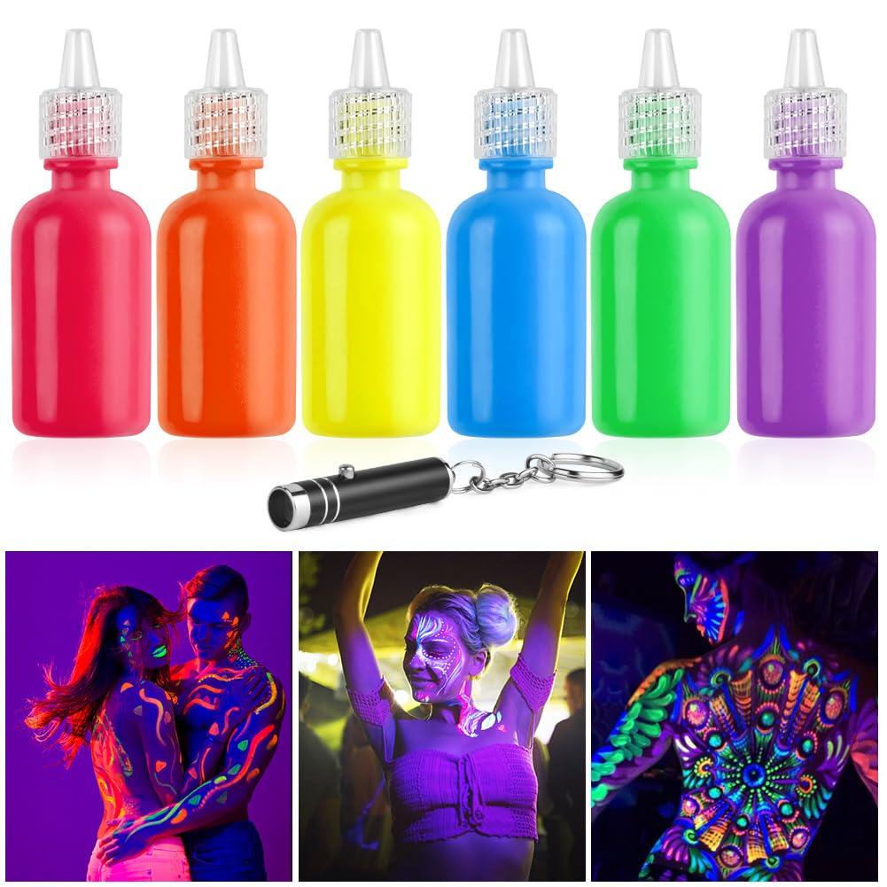 LOPHE UV Body Painting Set, 6 Pcs 30ML Ultraviolet Glow Face Paint with UV Lamp, UV Glowing Neon Liquid Face Painting, Non Toxic Face Body Paint for Carnival Halloween Cosplay Makeup Art Paint
