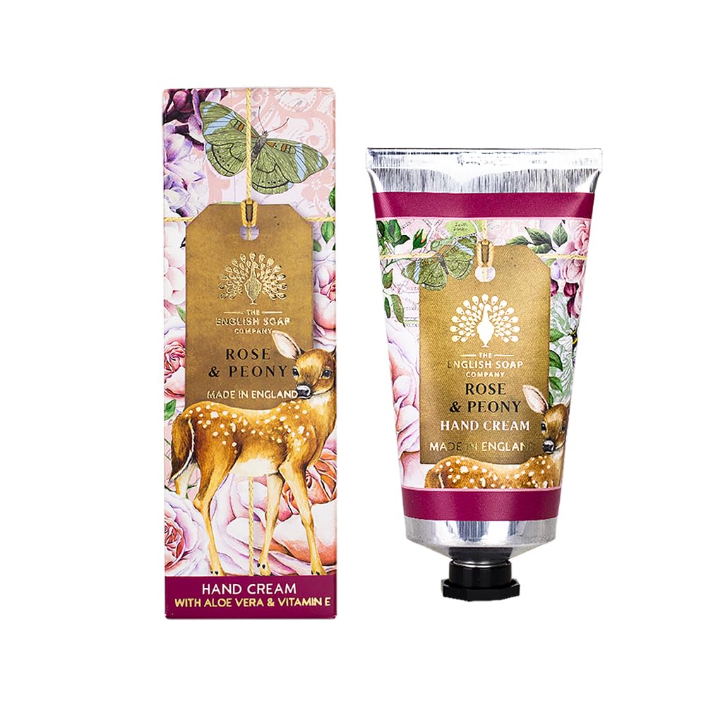 The English Soap Company Anniversary Rose and Peony Hand Cream - Moisturising Shea Butter, Aloe Vera and Beeswax - Floral Scent, Recyclable Aluminium Tube, British Skincare, Made in England - 75ml