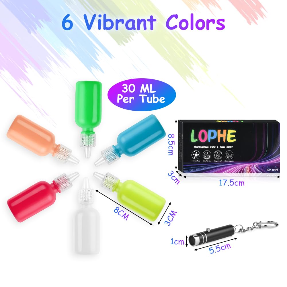 LOPHE UV Body Painting Set, 6 Pcs 30ML Ultraviolet Glow Face Paint with UV Lamp, UV Glowing Neon Liquid Face Painting, Non Toxic Face Body Paint for Carnival Halloween Cosplay Art Paint, Light Color