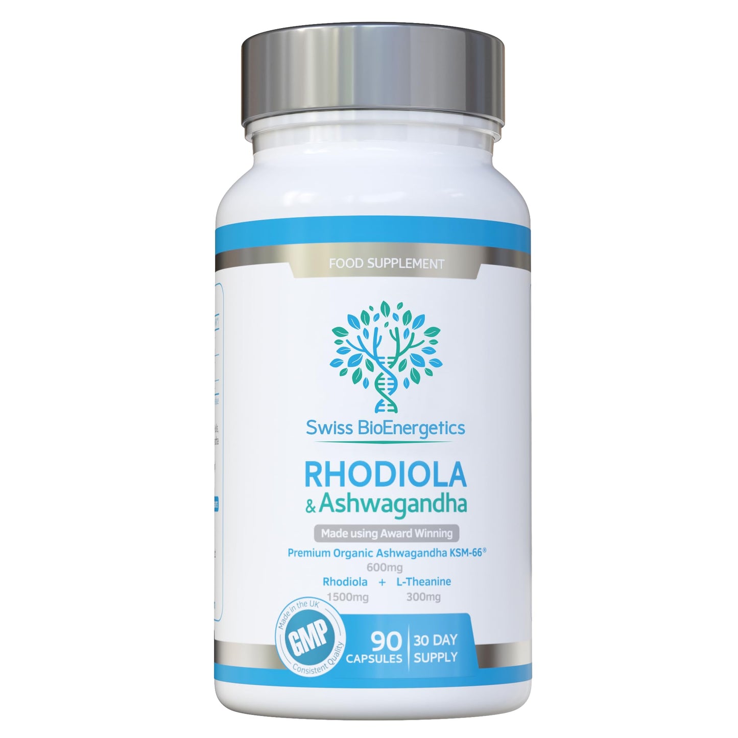 swiss bioenergetics Rhodiola & Ashwagandha with L-Theanine - Award Winning Ashwagandha KSM-66 600mg & 1500mg Rhodiola - Whole Root Equivalent- adaptogen Combo- No Artificial fillers- UK Made