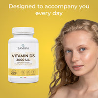 BANDINI Bandini® Vitamin D 60,000 IU/Month 200 Tablets (+6 Month), Immune Defence, Bone, Teeth and Muscle Health, Calcium Metabolism, 50 mcg Cholecalciferol, Pure Vitamins D3, VIT D 3 High Dosage