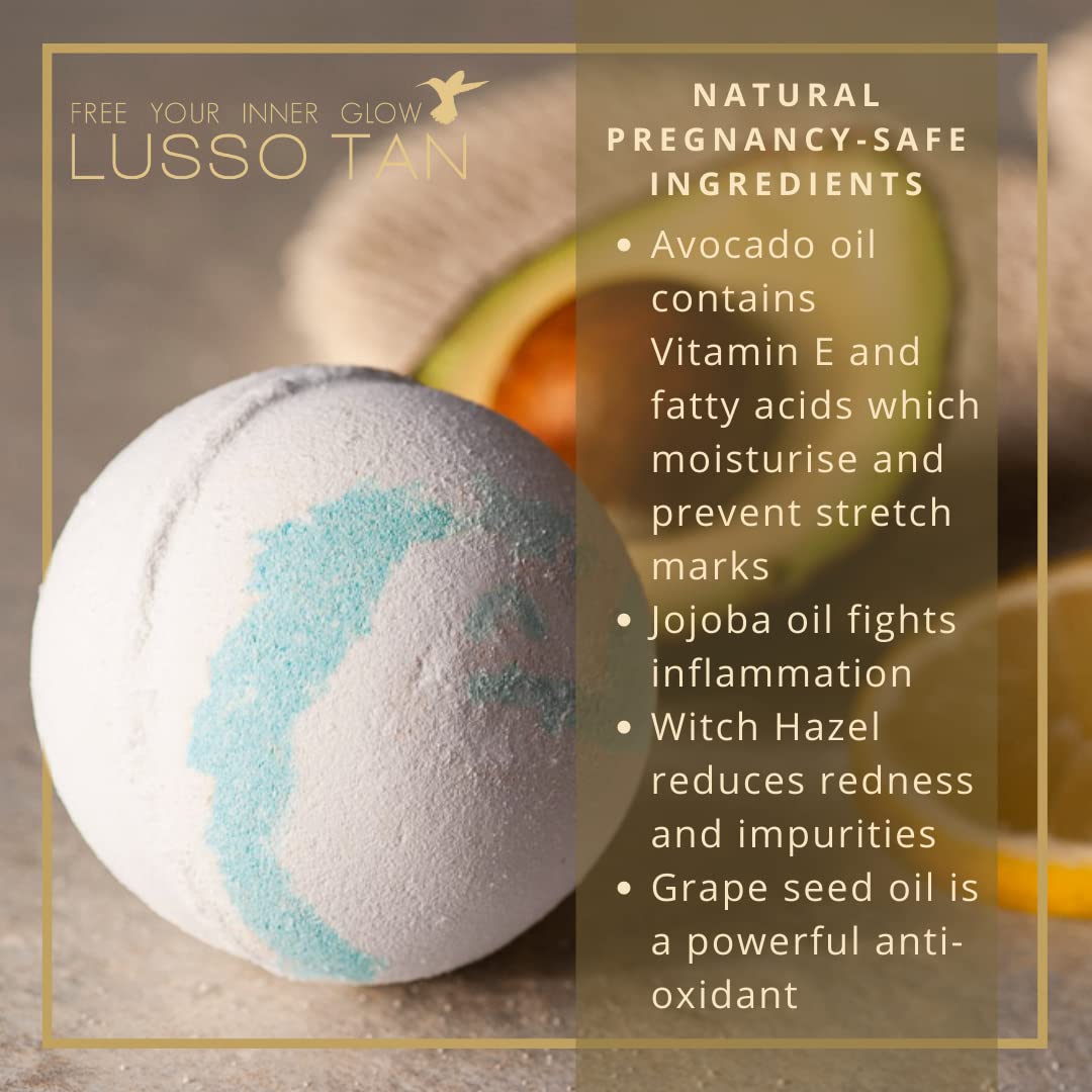 Tan Removing Bath Bomb for Pregnancy - Nourishes and softens Tightly Stretched Skin. Natural, Organic, Vegan and Cruelty-Free Pregnancy-Safe Tan Eraser from Lusso Tan Maternity Range