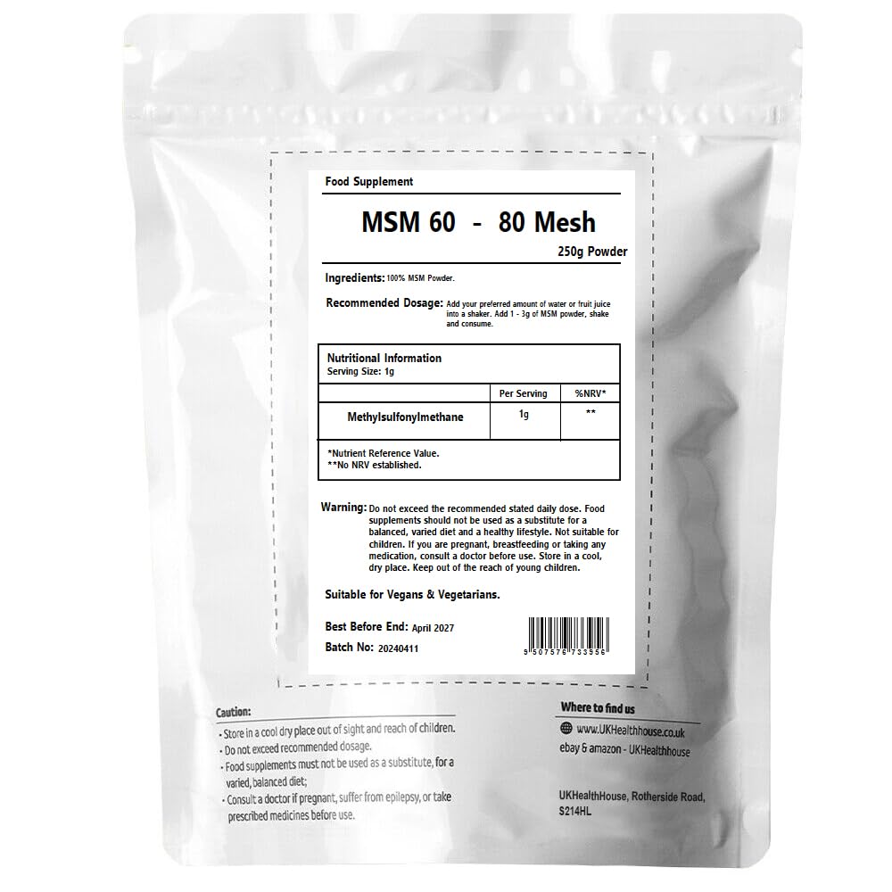 UKHealthHouse 100% Pure MSM Powder 250g – Vegan Methylsulfonylmethane Supplement – Joint, Muscle & Collagen Support – Food Grade Sulphur for Detox & Inflammation Relief