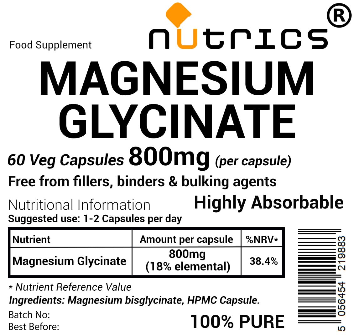 Nutrics® 800mg (per Capsule) Magnesium GLYCINATE 60 V Capsules - Strong One A Day - 100% Pure Highly Absorbable - Free from fillers, Binders & Bulking agens (60)