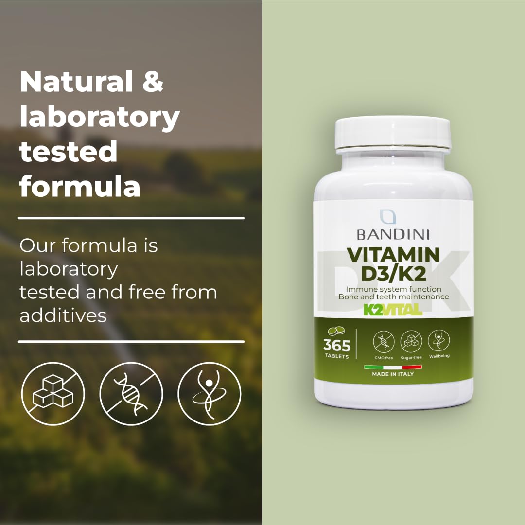 Bandini® Vitamin D3 K2 | 365 Easy Swallow Tablets 1 Year Supply | 2000 IU Vitamin D3 & 200 mcg Vitamin K2VITAL® MK-7 99% All Trans | for Bones, Teeth, Muscles, Joints & Immune System | High Strenght