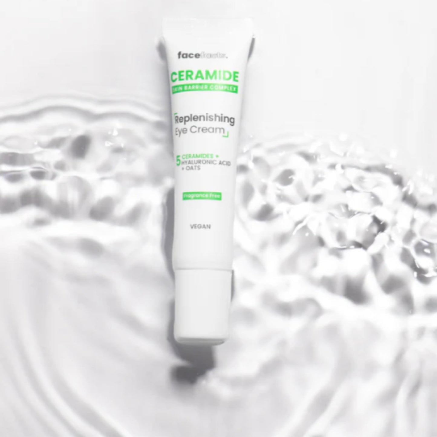Face Facts Ceramide Eye Cream; Hydrates delicate skin; Strengthens skin barrier, reduces puffiness and dark circles; 5 Ceramides, Hyaluronic Acid, soothing Oats, Glycerin and Vitamin E; 15ml
