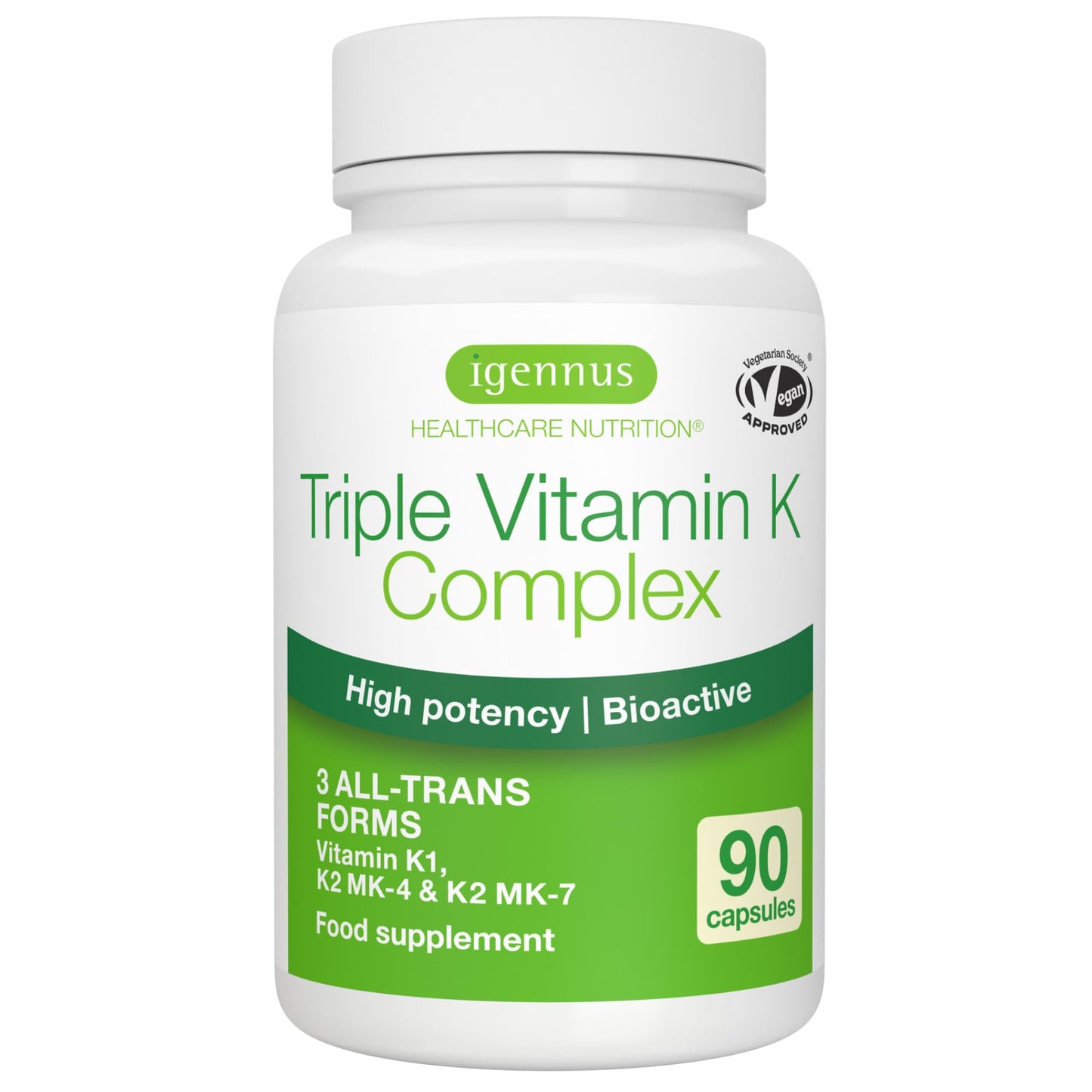Igennus Advanced Triple Vitamin K Complex 2700 mcg, Vitamin K1 & K2 (MK-4 & MK-7), Bioactive Natural Forms, High Strength, Bone & Cardiovascular, Clean Label, Vegan, 90 Capsules