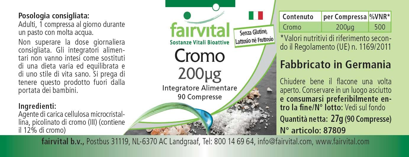Fairvital | Chromium 200mcg from Chromium picolinate - Bulk Pack for 3 Months - HIGH Dosage - Vegan - 90 Tablets