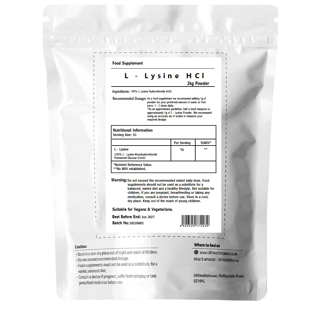 UKHealthHouse L-Lysine Powder, High Potency Essential Amino Acid, Vegan, Food Supplement, Premium Amino Acid Range, Gluten Free (2kg)