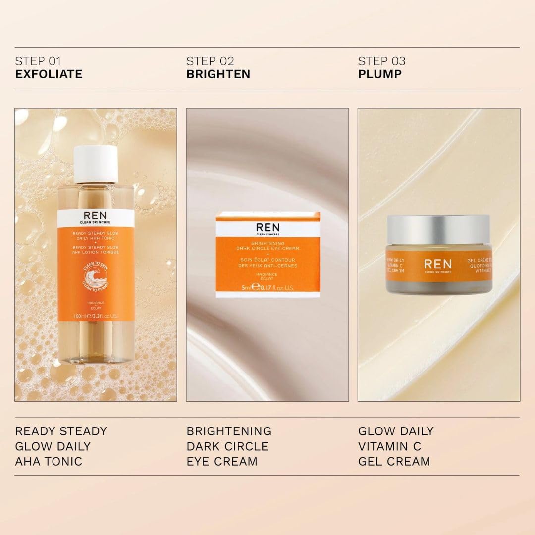 REN Clean Skincare REN Radiance Ultimate Glow Heroes Starter Kit, Ready Steady Glow Daily AHA Tonic 100ml, Dark Circle Eye Cream 5ml, Glow Daily Vitamin C Gel Cream 15ml, Gift Set