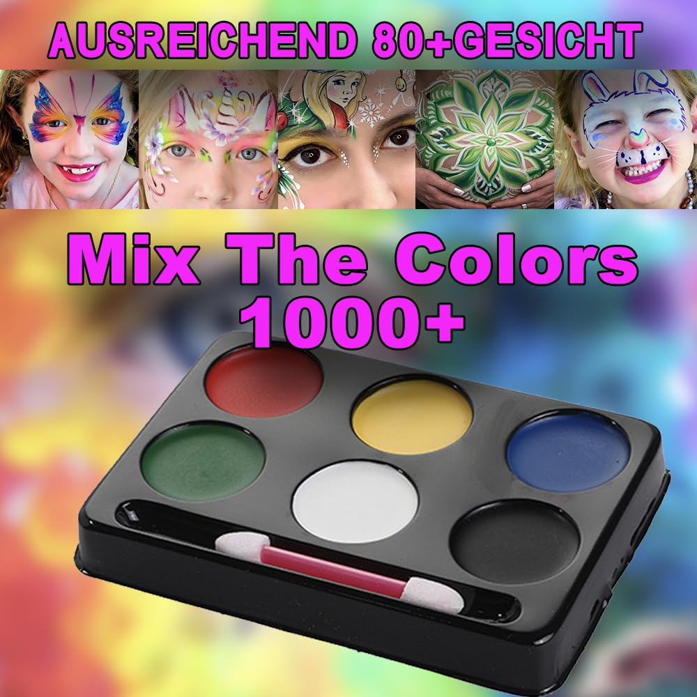 HISUNBEN Kids Face Paint Kit ，Non-Toxic Face Painting Body Paints for Kids and Adults with Water Based Colors，Halloween Face Paint (6 Colors)