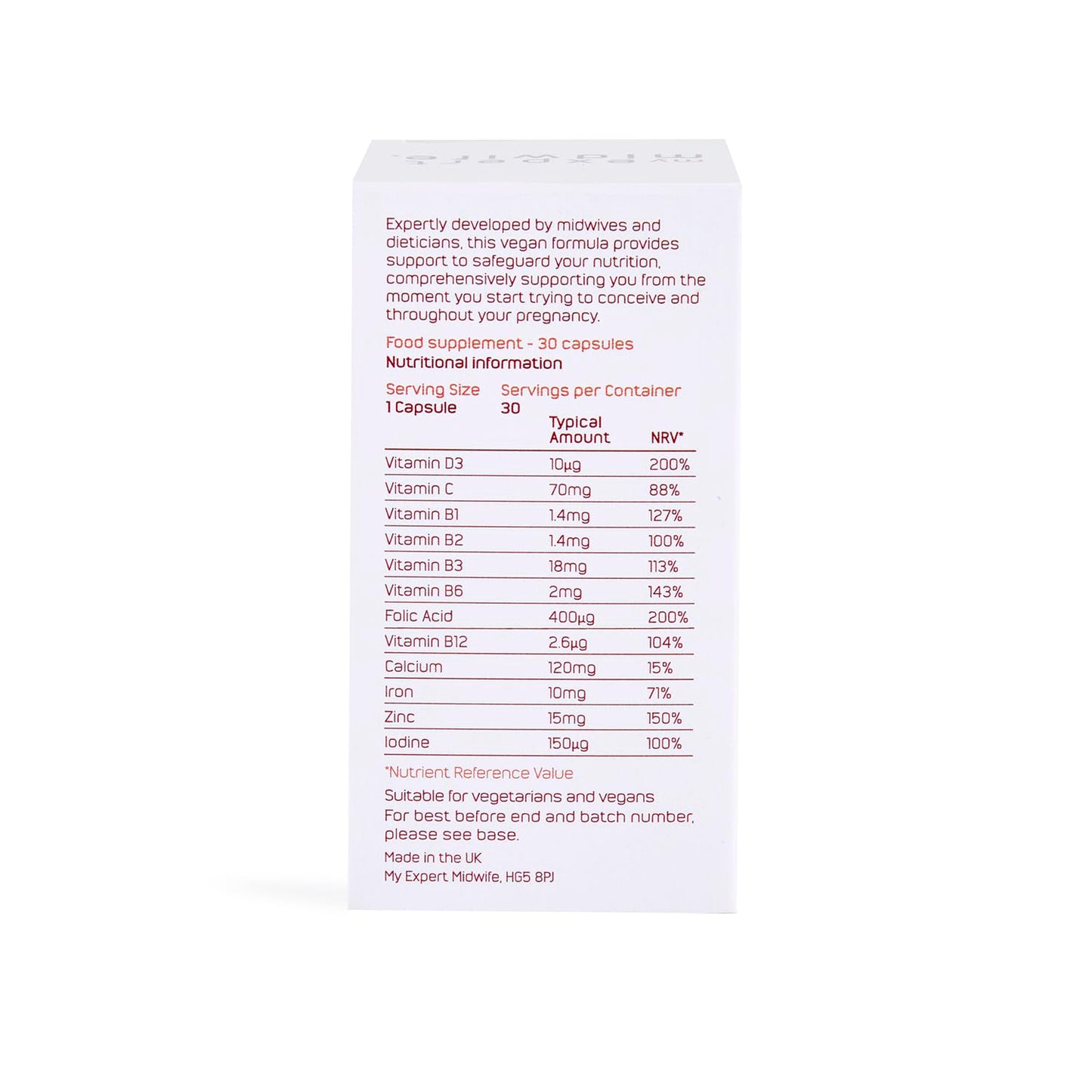 My Expert Midwife All in One Pre-Conception & Pregnancy Women's Vegan Supplements, 12 Essential Prenatal Vitamins & Minerals, 60 Capsules, 2 Months Supply