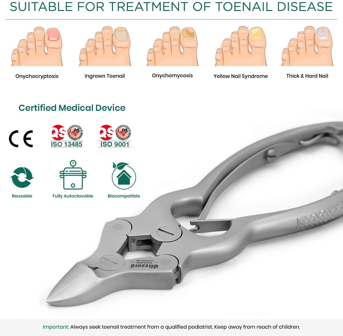 Toenail Clippers by Blizzard - Podiatry Tool German Forged - Cantilever Nail Nippers to Cut Thick Toe Nails - Hospital Grade (Double Spring 15cm)