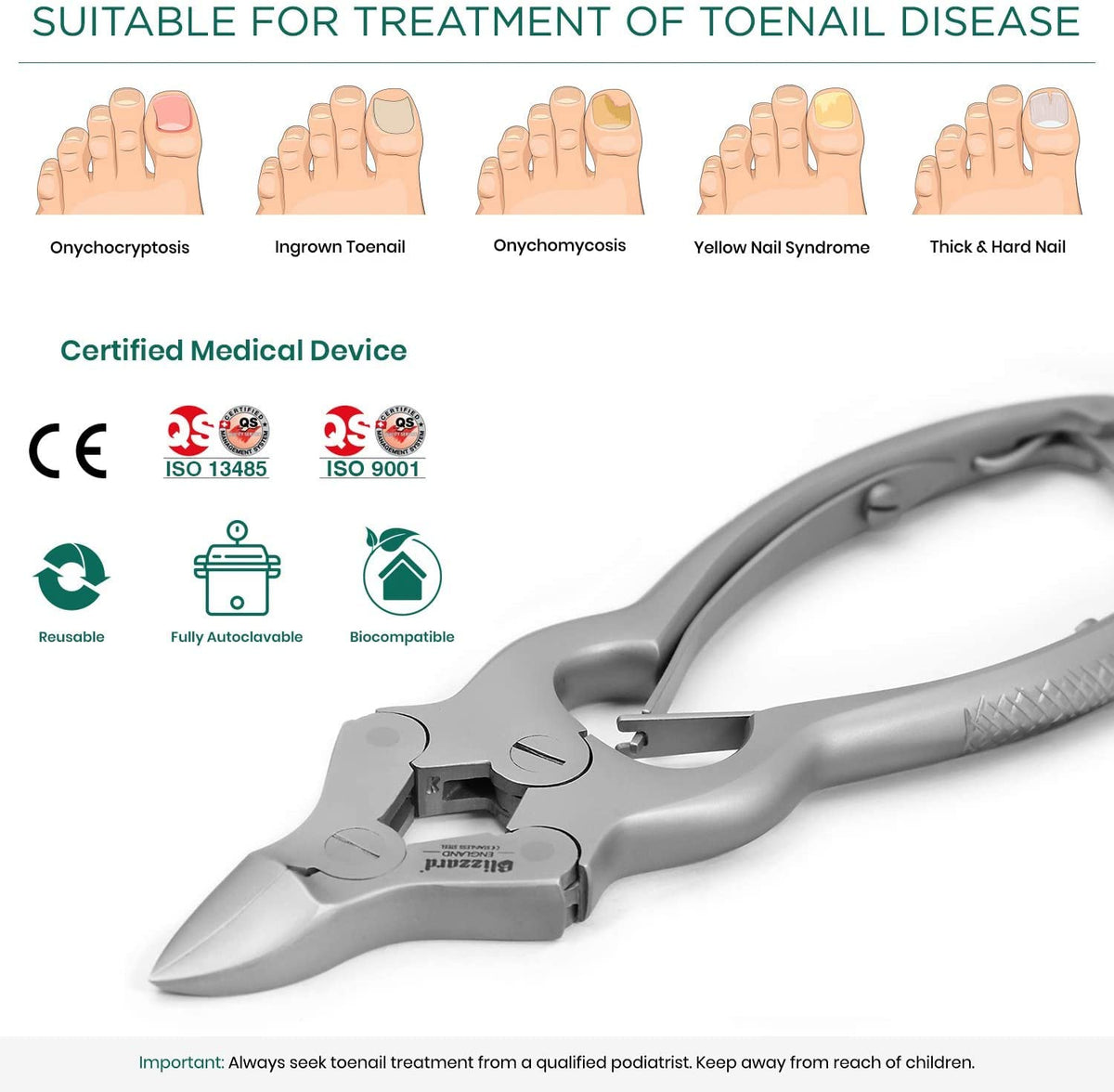 Toenail Clippers by Blizzard - Podiatry Tool German Forged - Cantilever Nail Nippers to Cut Thick Toe Nails - Hospital Grade (Double Spring 15cm)
