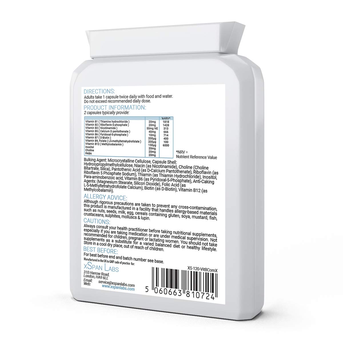 Xspan Labs Vitamin B Comprehensive Formula - 90 Capsules - Superior Methylated Formula with Added Choline, PABA & Inositol - Includes Essential Multi B-Vitamins B1, B2, B3, B5, B6, B12, Biotin & Folate