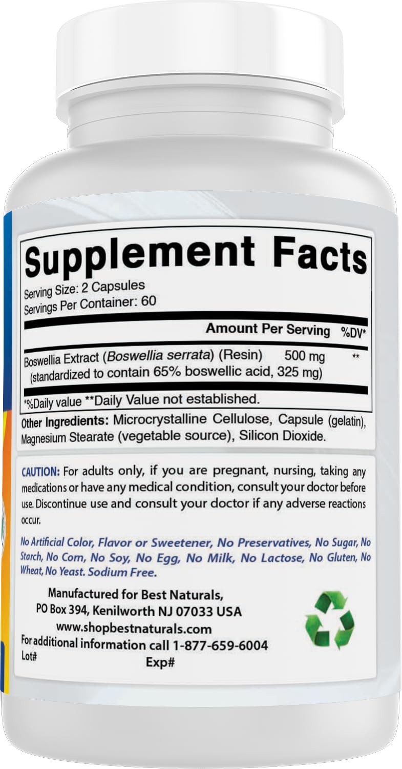 Best Naturals Boswellia 250 mg 120 Capsules - Standardized to 65% Boswellic acid