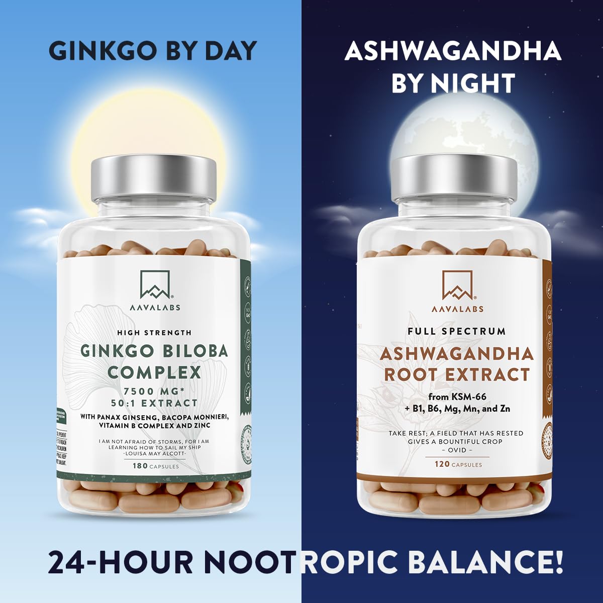 AAVALABS Ginkgo Biloba High Strength - 7500mg - 50:1 Extract - with Bacopa Monnieri, Ginseng, Vitamin B6, B1, B2, & Zinc -180 Nootropic Ginkgo Biloba Capsules - Packed with Flavonoids