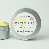 Soul and Soap Tropical Glow Whipped Body Butter, 150ml - Skin Moisturising and Nourishing with Shea and Cocoa butter, Plastic Free, Vegan, Cream