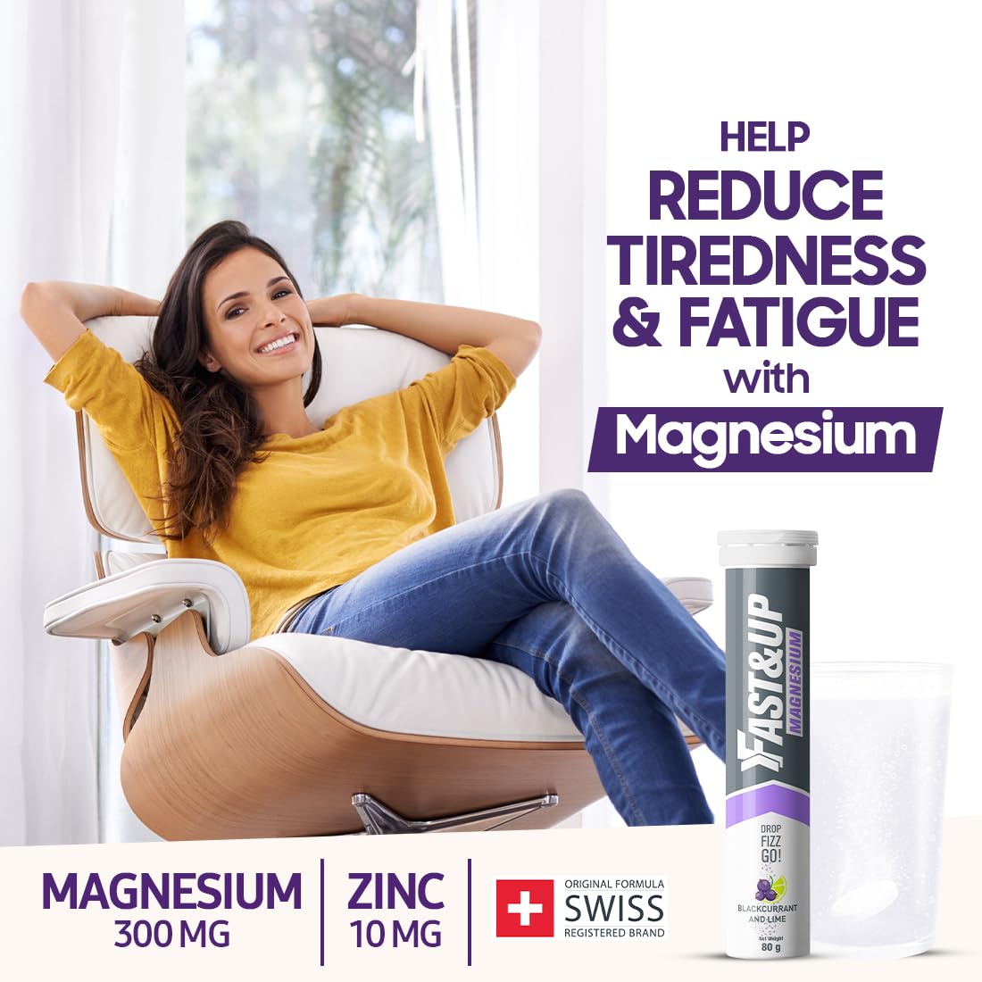 FAST&UP Fast&Up Magnesium - 300mg Magnesium & 10mg Zinc - Saver Multipack - 80 Tablets (4 x 20) - Tasty Blackcurrant & Lime Flavour