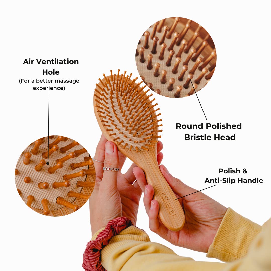 Regrowz Bamboo Paddle Hairbrush with Round Bristles - Detangle Hair & Reduce Hair Breakage - Perfect Hair Care Tool