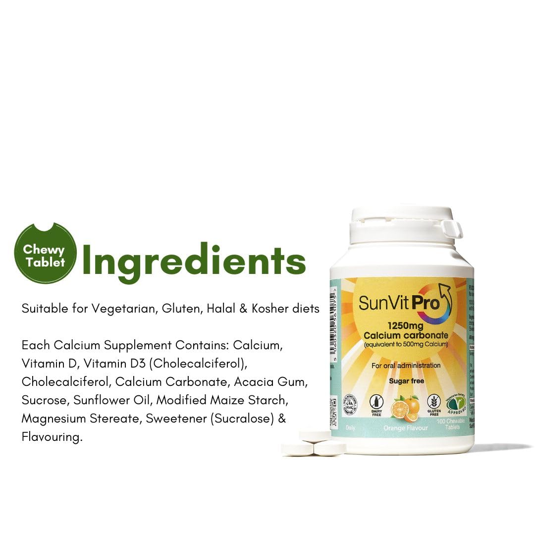 SunVit-D3 Vitamin D3 400IU with Added 500mg Calcium Lemon Tablets - Support The Maintenance of Bone, Teeth, Muscle & Immune System - 60 Lemon Chewable Tablets