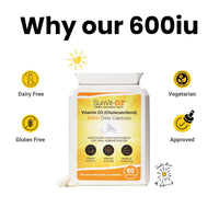 SunVit-D3 Vitamin D 600 IU Capsules - Cholecalciferol Vitamin D Capsules Support the Maintenance of Bone, Teeth, Muscle & Immune System | Made in UK & GMP Approved - D3 Vitamins 60 Convenient Capsules