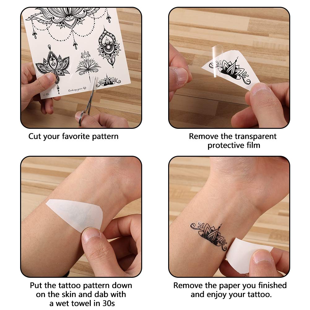 rainday 8 Sheets Black Temporary Tattoo Stickers Art Stickes For Adults Women Girls Lace Feather Mandala Flower Lion Large Big Arm Tattoo Stickers Body Sticker