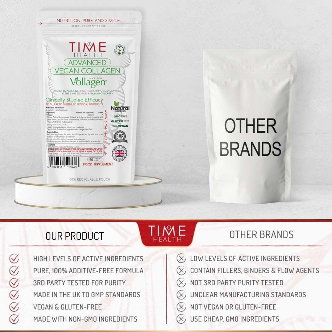 Time Health Vollagen® Advanced Vegan Collagen - 18 Amino Acid Complex in Ratio of Collagen - Studied Effectiveness - 60 Capsules - Vegetarian - Zero Additives - Pullulan (60 Capsule Pouch)
