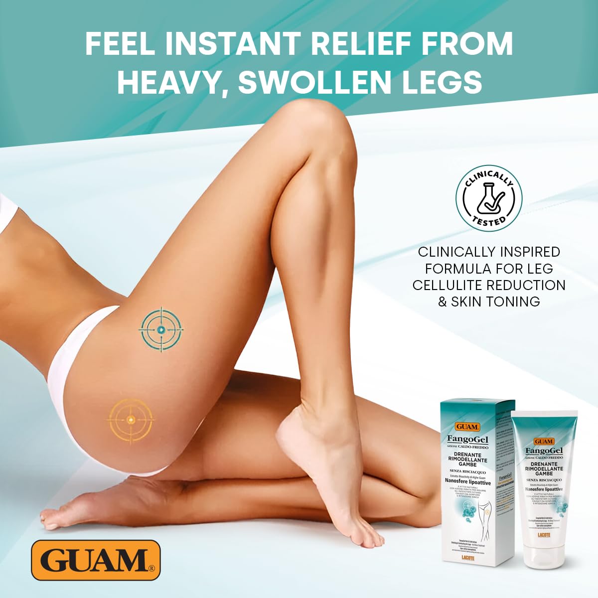 Guam GUAM FangoGel Anti Cellulite Cream for Legs with Hot-Cold Action - 200ml No-Rinse Lipo Active Mud Gel for Skin Firming, Slimming Care, Water Retention and Smoother-Looking Sculpted Legs