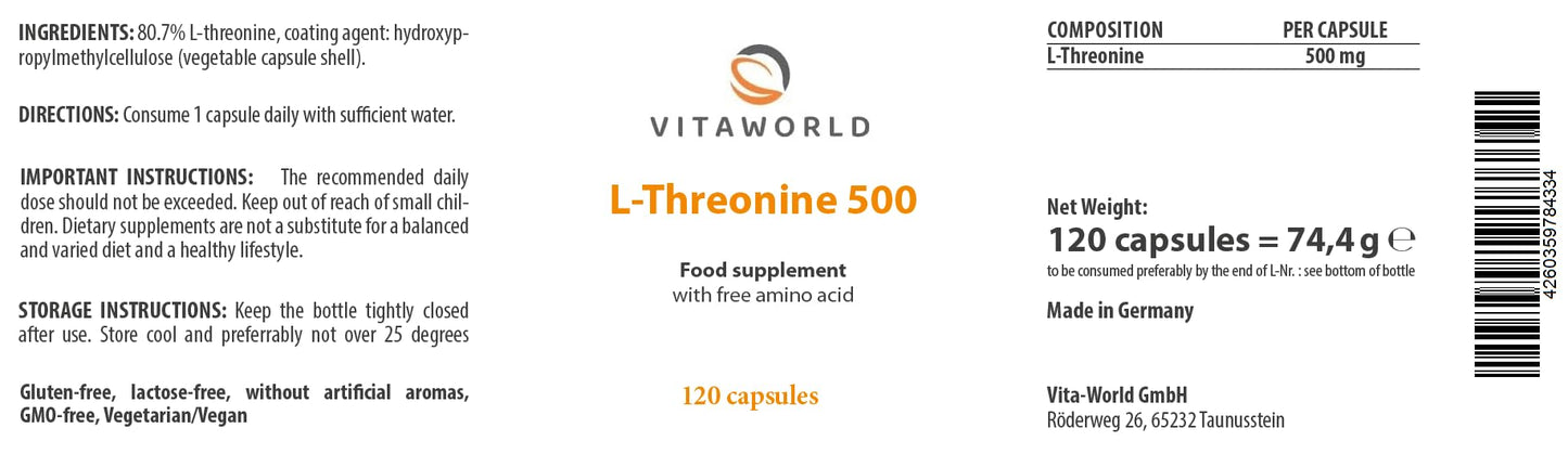 Vita World Vita world L-Threonine 500mg l 120 Capsules l Essential Amino Acid l Vegan l no aunwanted additives l Made in Germany