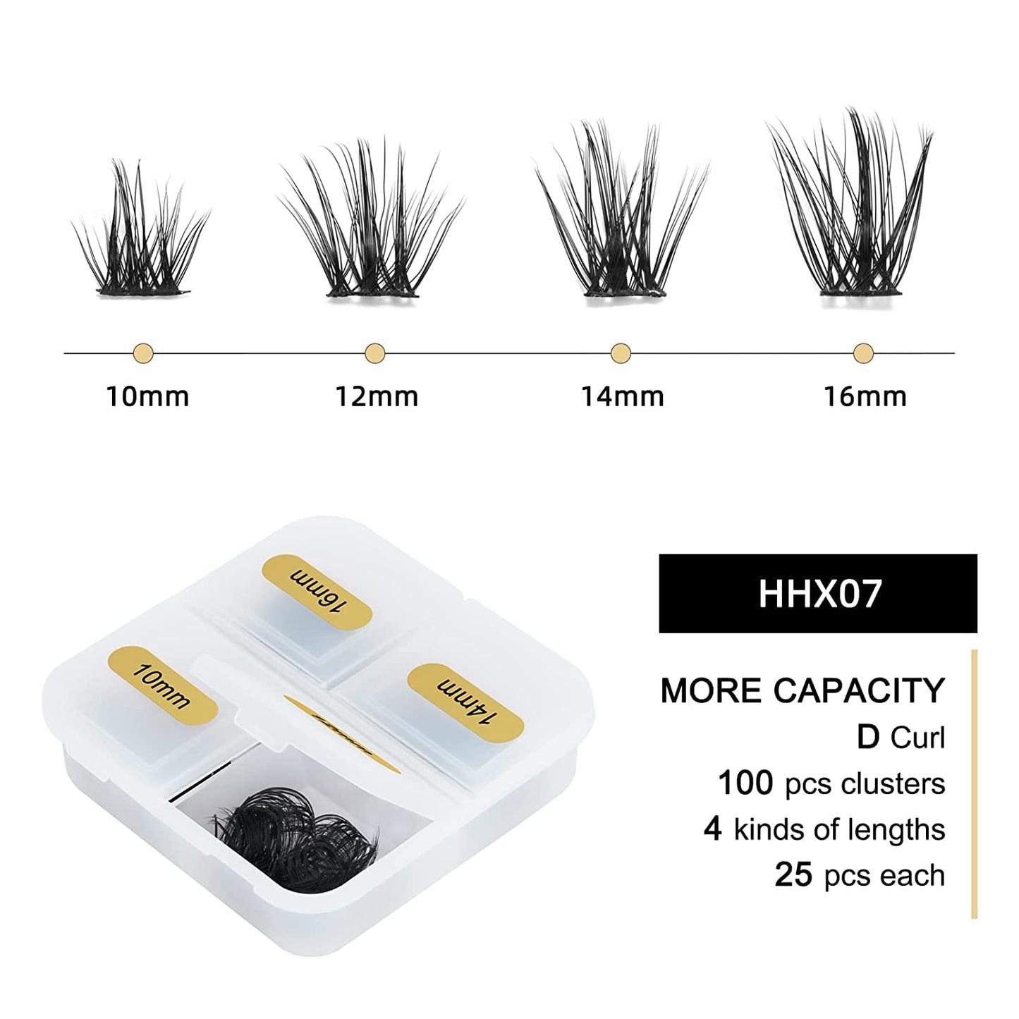 Higu clace HG Lash Extensions, 100pcs Cluster Eyelash Extensions, D Curl, mix 10-16mm, Thin Stem Lash Clusters, Soft and light Lashes, Reusable Makeup for Self-application, DIY at home (HHX07 Mix10-16mm)
