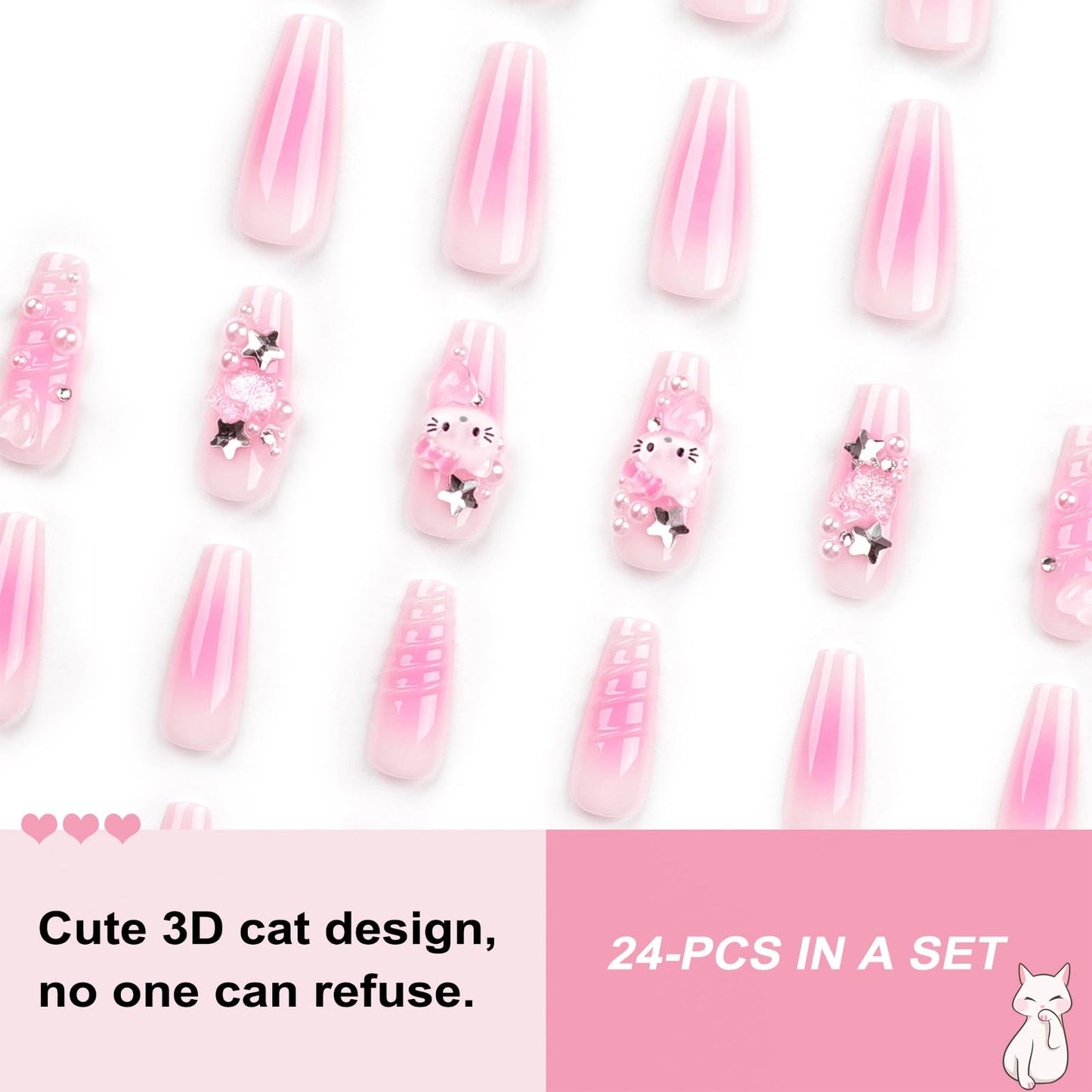 AVZXXKUF 24PCS French Pink Kitty Press on Nails,Cute Kawaii 3D False Nails,Cartoon Y2K Long Length with Pearl and Bow Design,Trapezoid Coffin Fake Nails,Glossy and Full Cover Acrylic Nails for Women