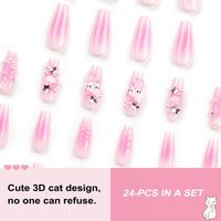 AVZXXKUF 24PCS French Pink Kitty Press on Nails,Cute Kawaii 3D False Nails,Cartoon Y2K Long Length with Pearl and Bow Design,Trapezoid Coffin Fake Nails,Glossy and Full Cover Acrylic Nails for Women