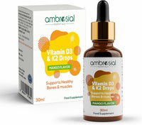 AMBROSIAL Ambrosial Vitamin D3 + K2 Drops – High Strength Liquid Supplement for Adults & Kids – 500 IU Vitamin D3 + 50 mcg Vitamin K2 – Mango Flavour, Gluten Free, Non-GMO, Easy-to-Take Vitamin D Liquid – 30 ml