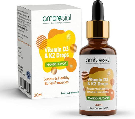 AMBROSIAL Ambrosial Vitamin D3 + K2 Drops – High Strength Liquid Supplement for Adults & Kids – 500 IU Vitamin D3 + 50 mcg Vitamin K2 – Mango Flavour, Gluten Free, Non-GMO, Easy-to-Take Vitamin D Liquid – 30 ml