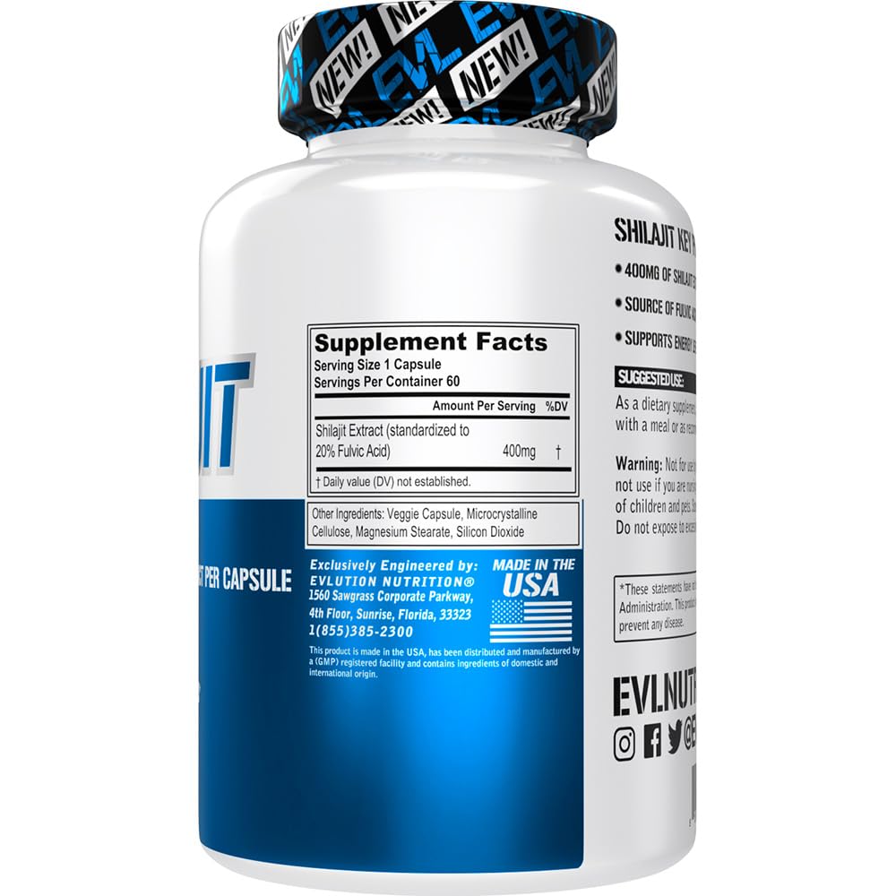 Evlution Nutrition Shilajit - Energy Support - 400mg Shilajit Extract - Fulvic Acid Supplement - Vegetarian Capsules - for Workout Performance - 60 Servings