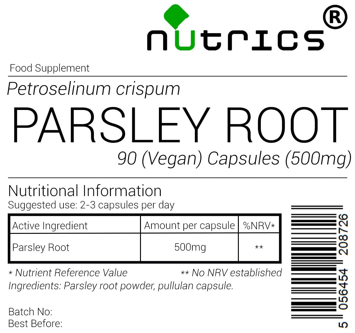 Nutrics® 500mg Parsley Root x 90 V Capsules (1 Month Supply) x Suitable for Vegan Vegetarian Halal & Kosher Diet