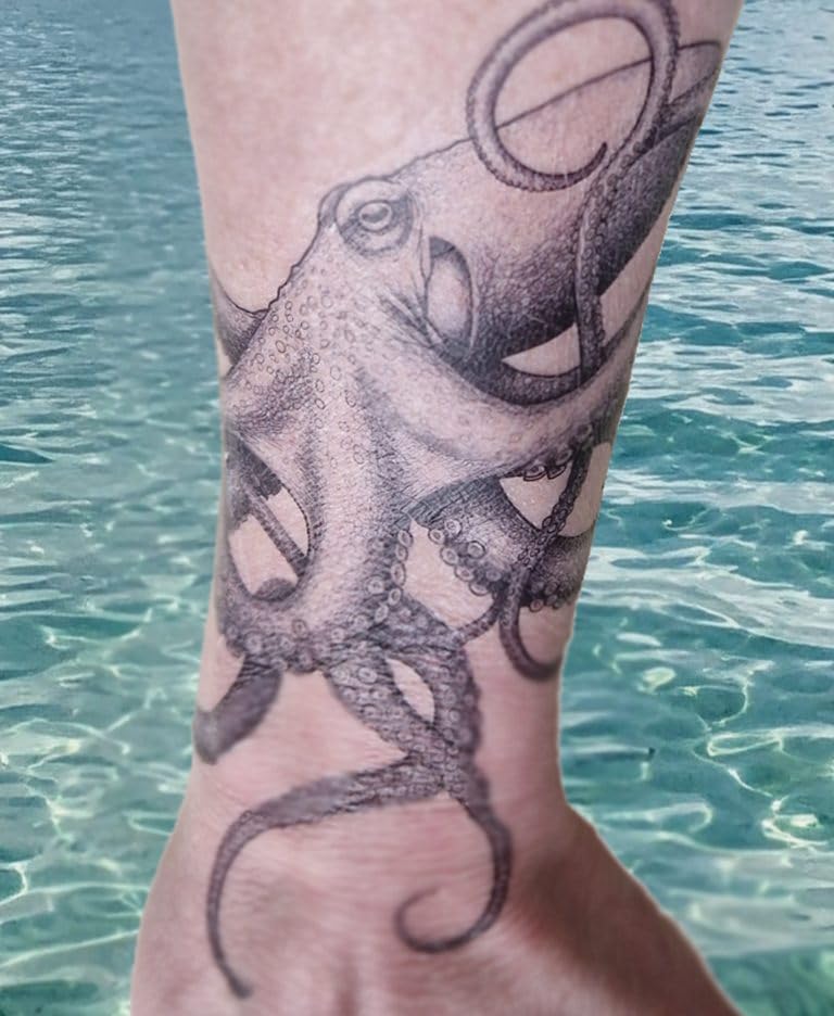 Matching Octopus Wrap Temporary Tattoo – Large 16x14cm + Small 8cm Realistic Tentacle Design for Hand & Arm – by Inkwear